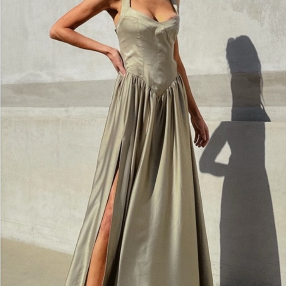 Show Me Your MuMu Abigail Satin Maxi Dress in Moss